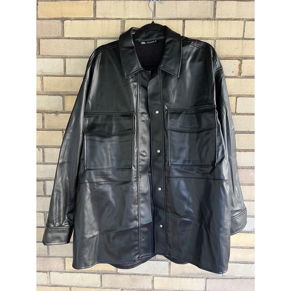 Zara Black Faux Leather Jacket Oversized Snap Front Flap Pockets Size XL